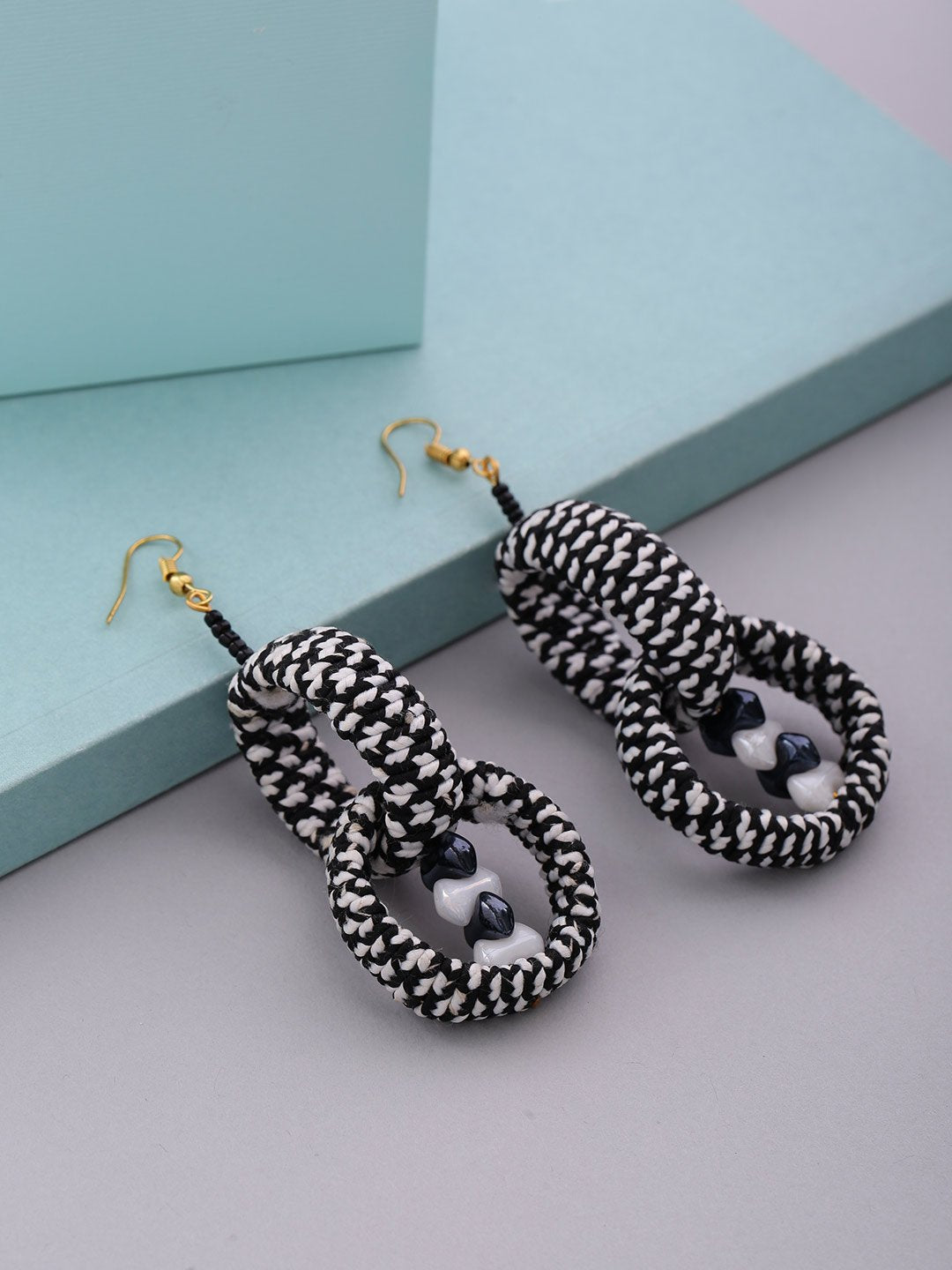 Women's  Black And White Inter looped Circular Drop Earrings
