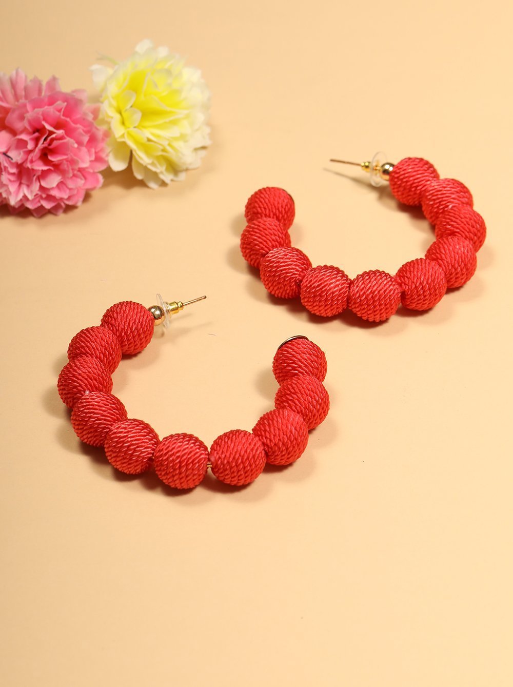 Women's Gold-Plated Red Thread Beaded Half Hoop Earrings