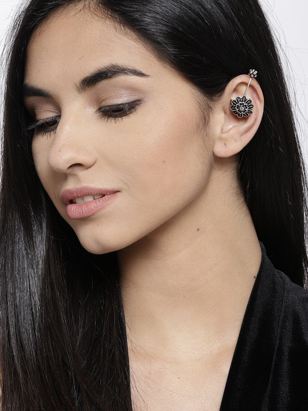 Women's  Black Silver Plated Oxidised Flower Earcuff For Women