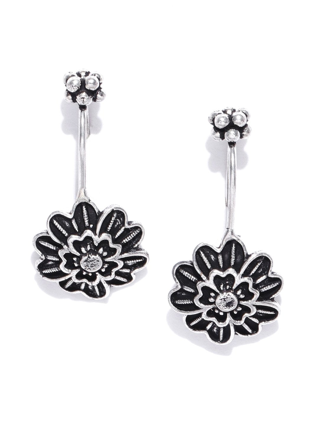 Women's  Black Silver Plated Oxidised Flower Earcuff For Women
