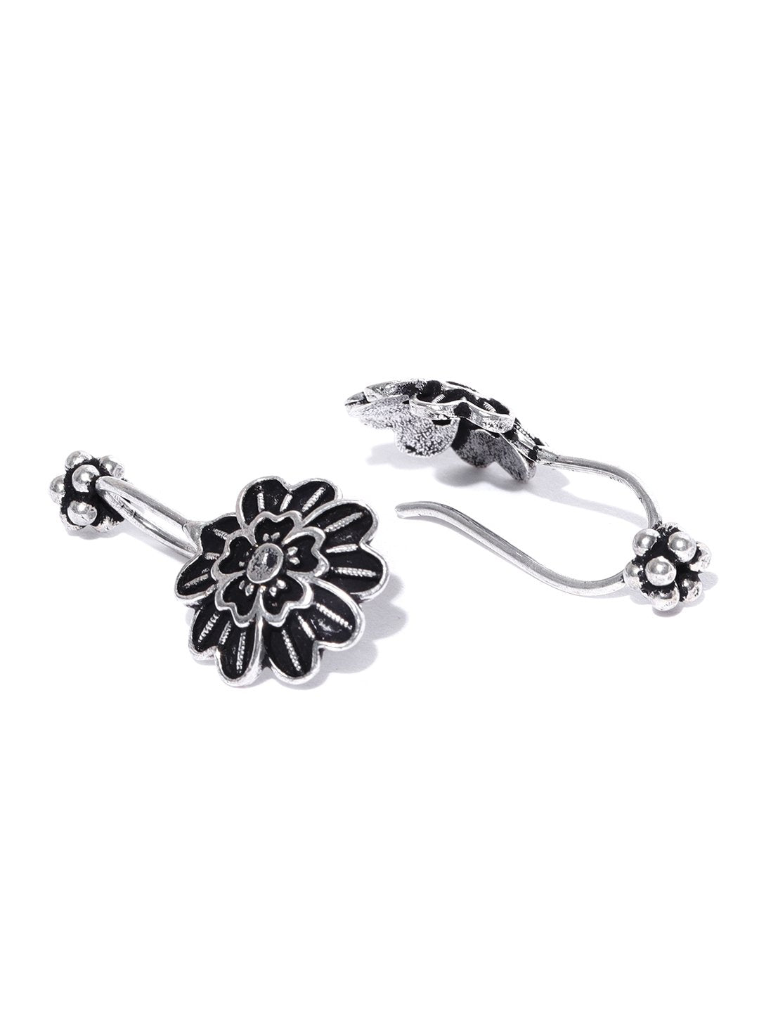 Women's  Black Silver Plated Oxidised Flower Earcuff For Women
