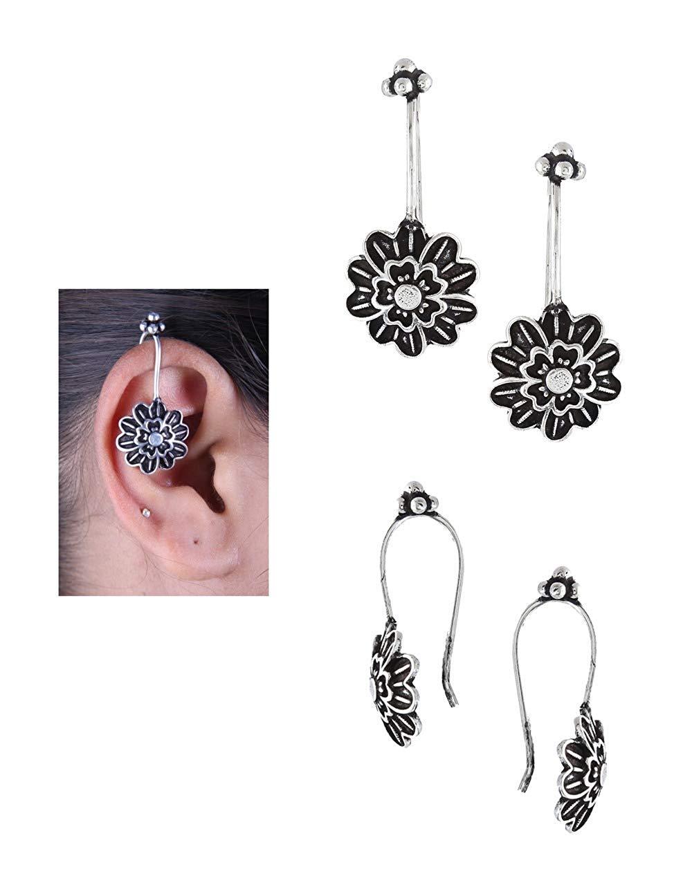 Women's  Black Silver Plated Oxidised Flower Earcuff For Women