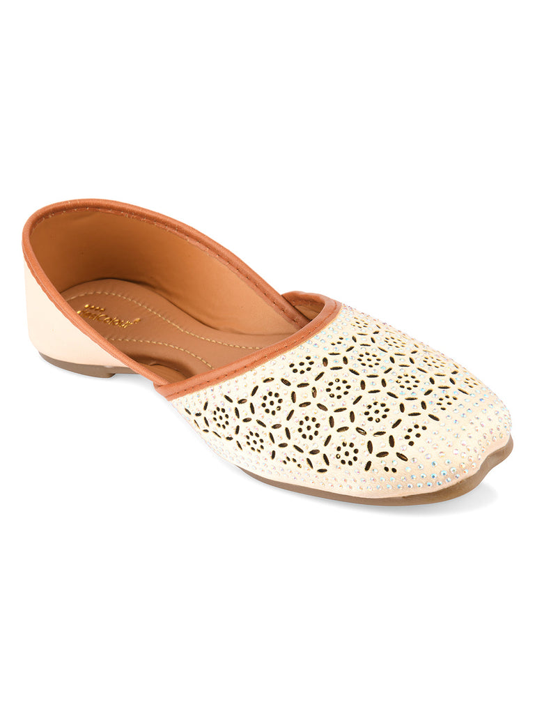 Women's White Handcrafted Stone Work  Indian Ethnic Comfort Footwear