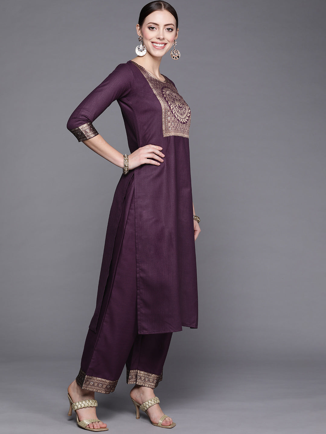 Women's Purple Cotton Blend Kurta Set - Taantav