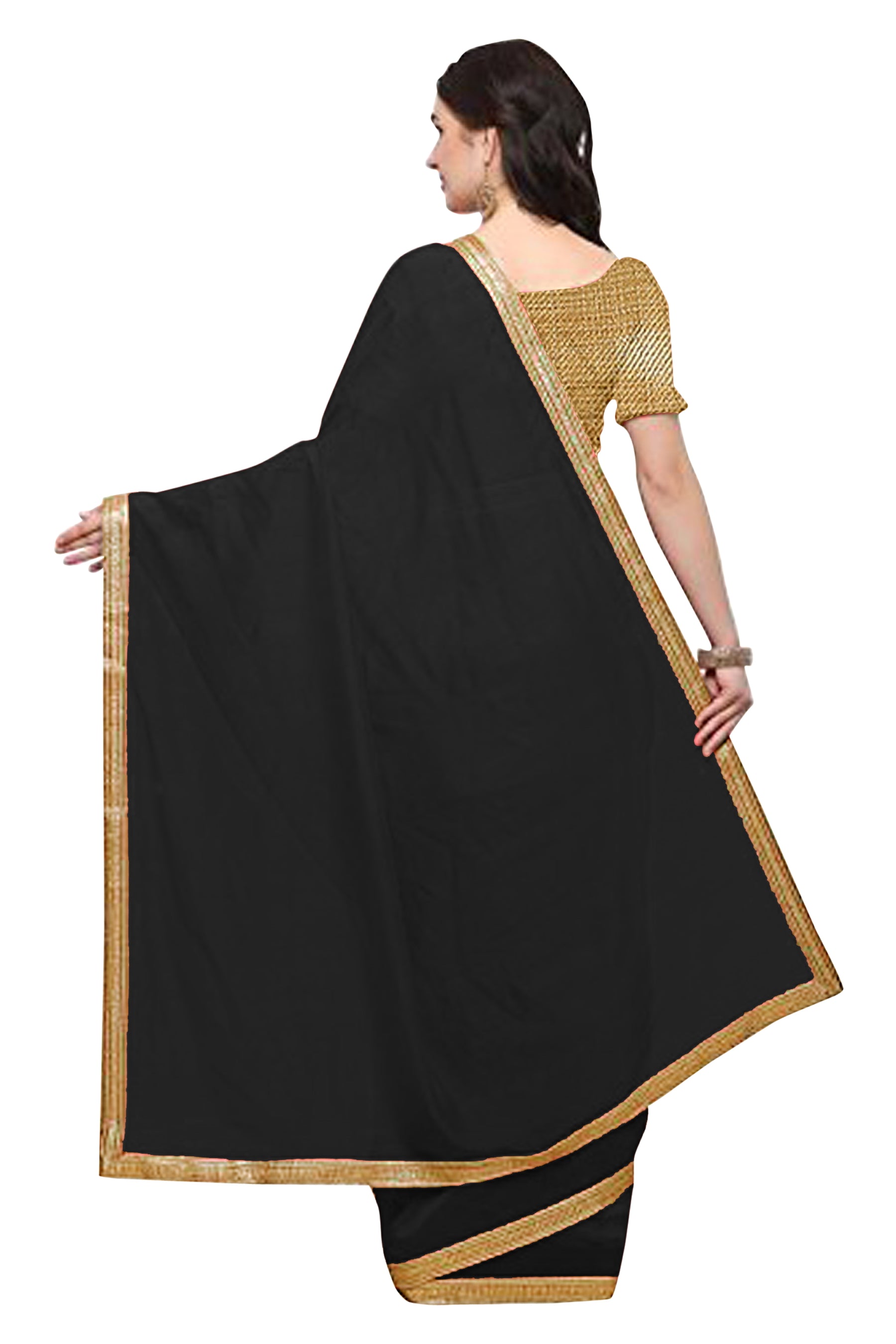 Women's self Woven Solid Occasion Wear Georgette Heavy Border Sari With Blouse Piece (Black) - NIMIDHYA