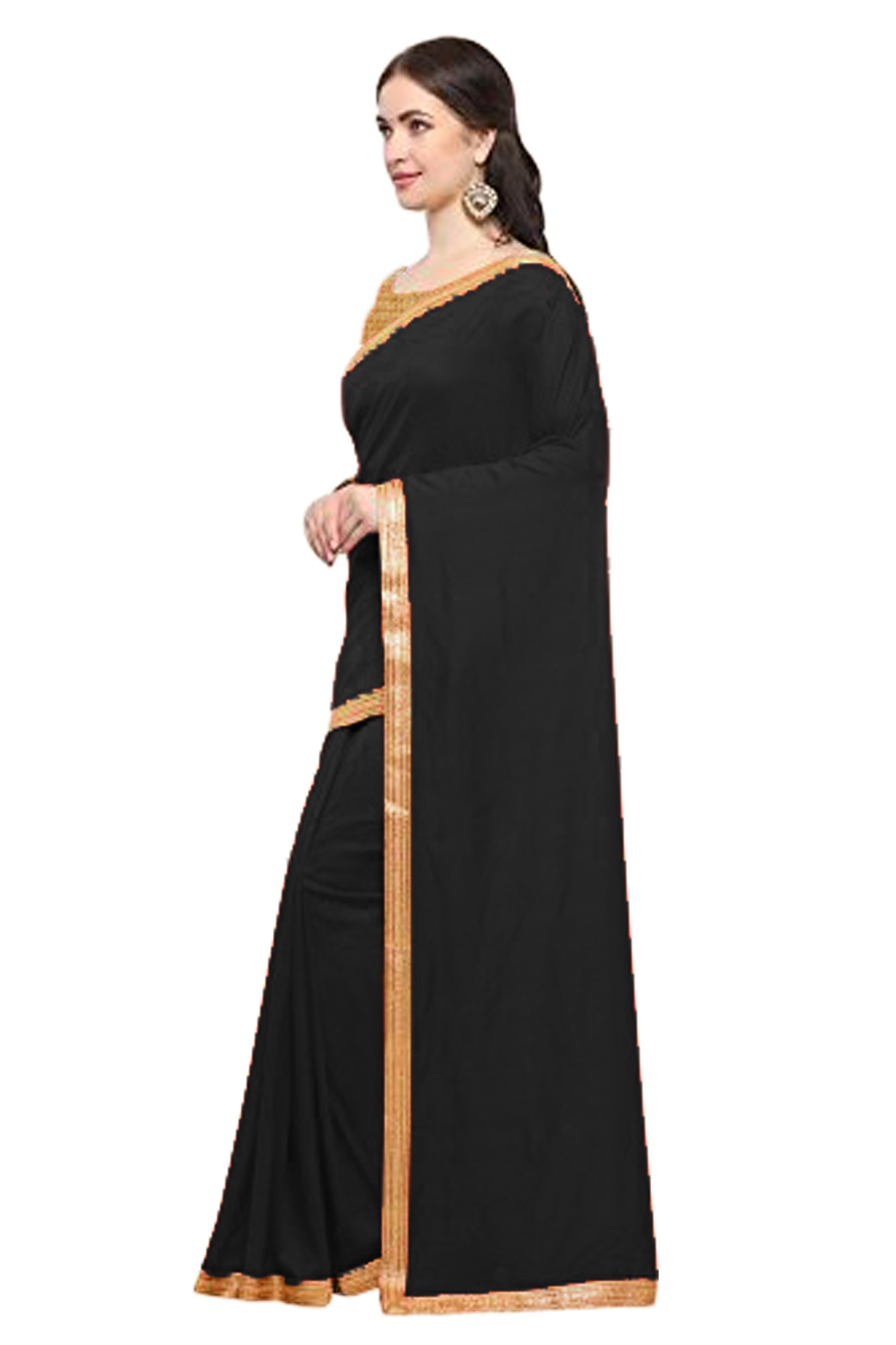 Women's self Woven Solid Occasion Wear Georgette Heavy Border Sari With Blouse Piece (Black) - NIMIDHYA