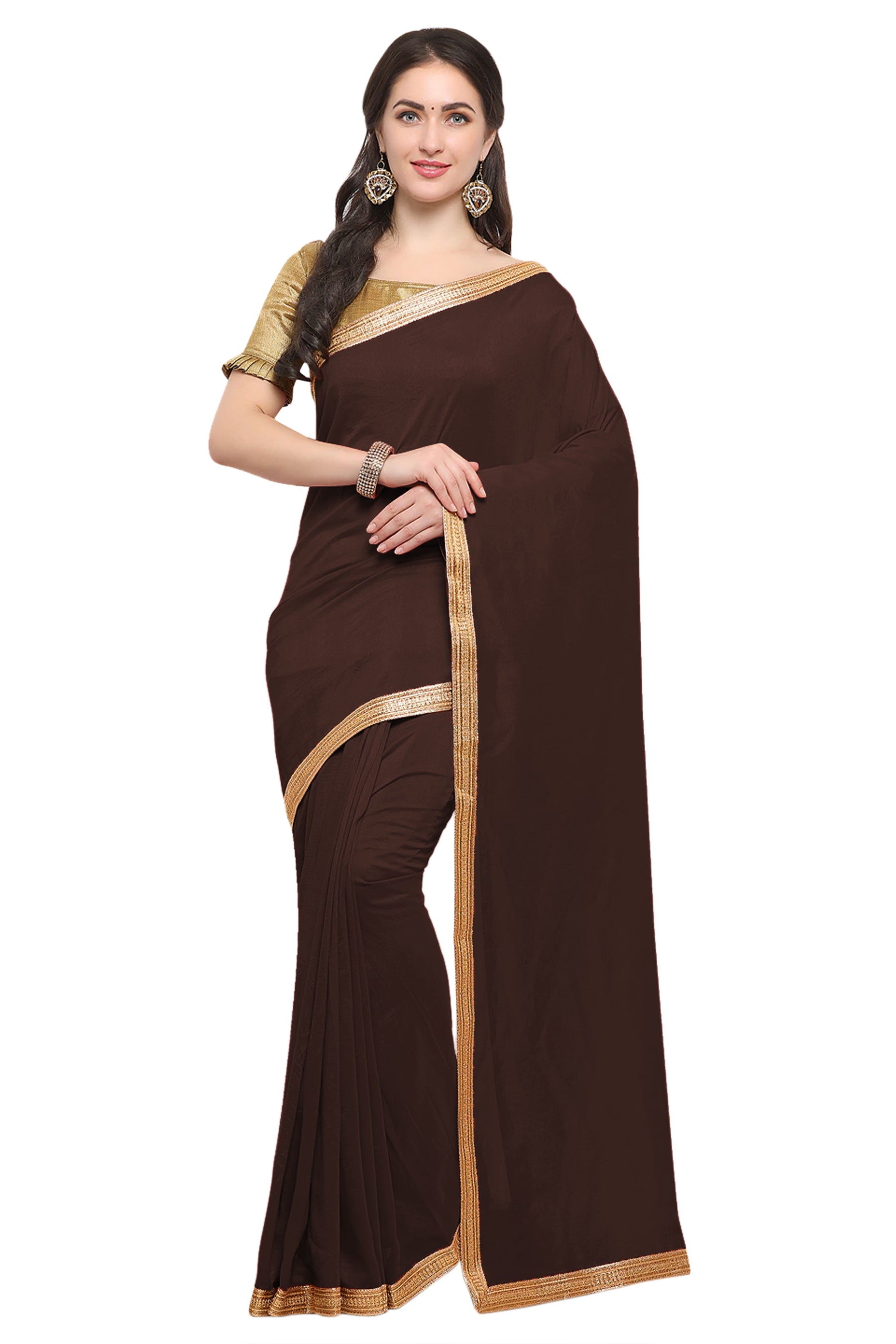 Women's self Woven Solid Occasion Wear Georgette Heavy Border Sari With Blouse Piece (Brown) - NIMIDHYA