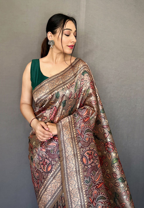 Women's Ash Grey Diva Soft Silk Kalamkari Printed Saree