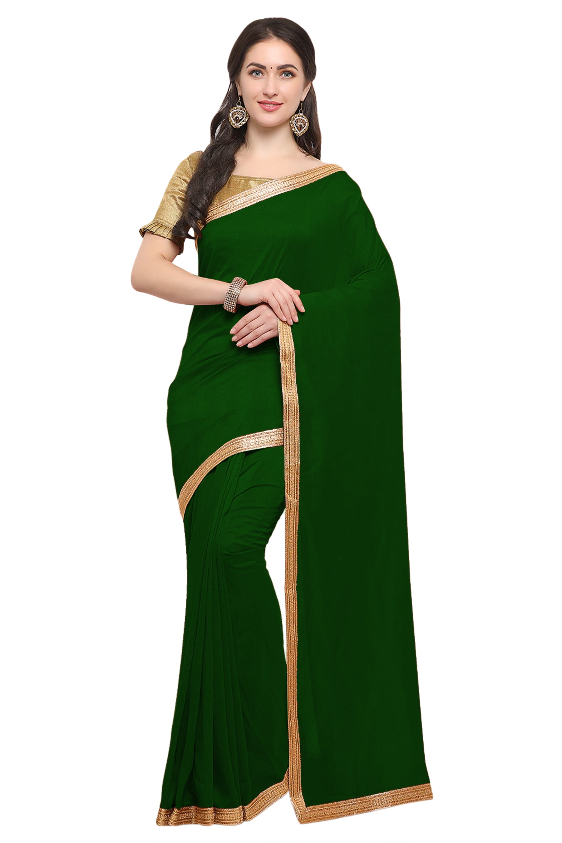 Women's self Woven Solid Occasion Wear Georgette Heavy Border Sari With Blouse Piece (Green) - NIMIDHYA