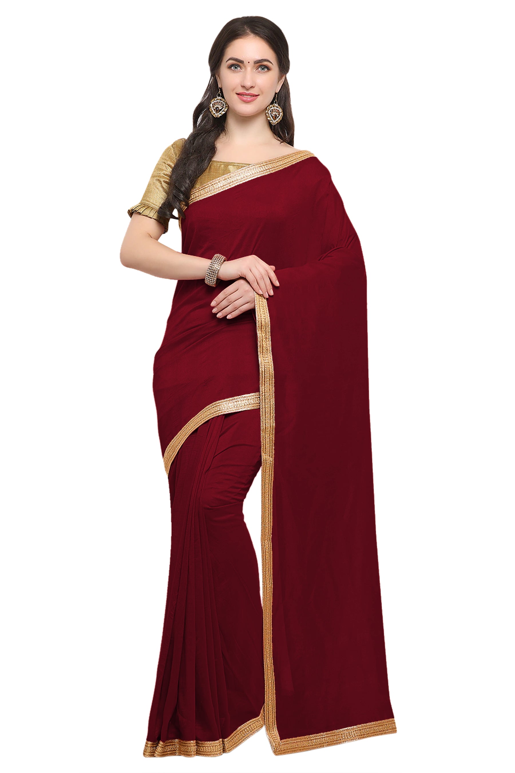 Women's self Woven Solid Occasion Wear Georgette Heavy Border Sari With Blouse Piece (Maroon) - NIMIDHYA