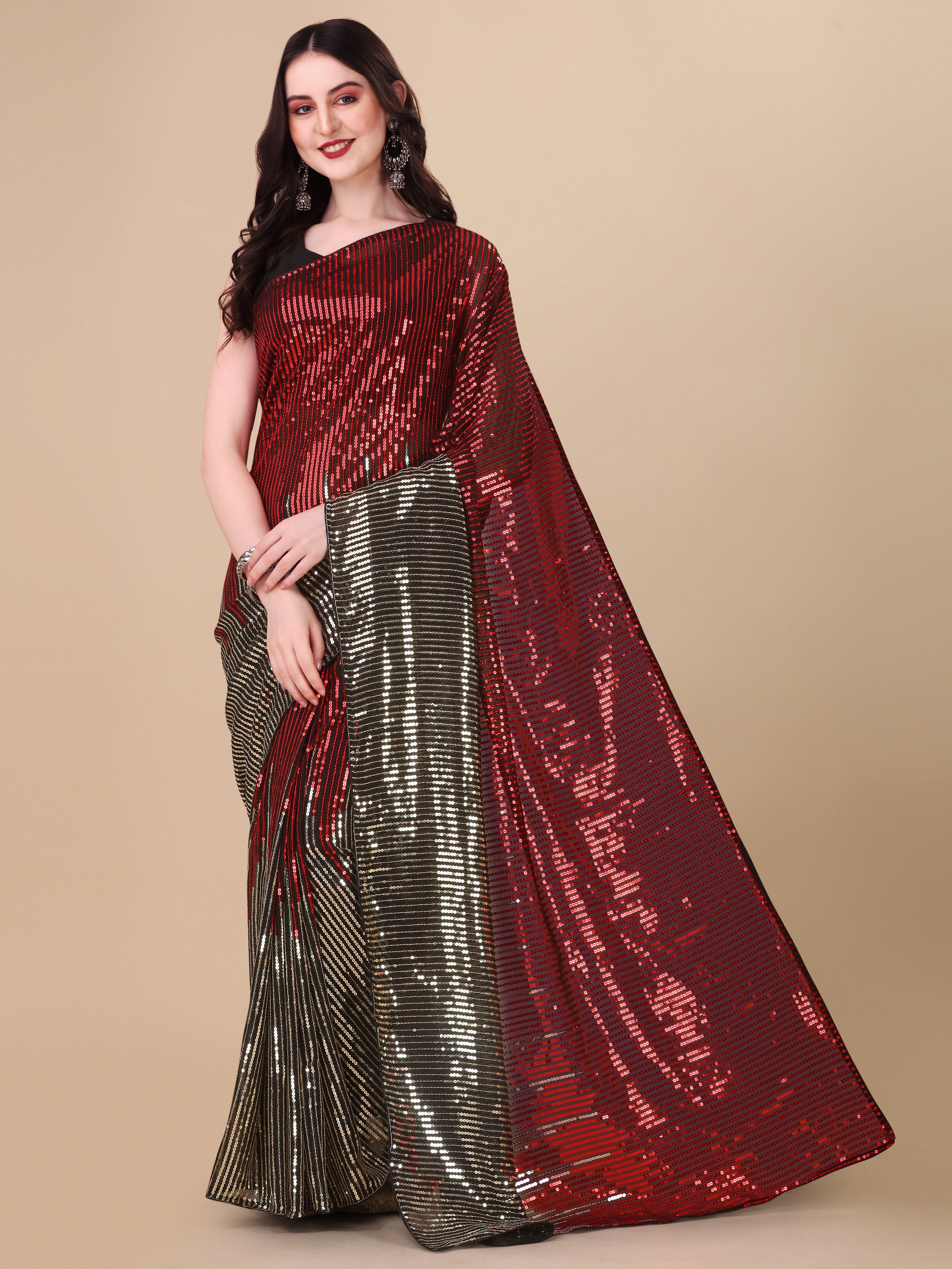 Women's Sequin Striped Paty Wear Contemporary Georgette Saree With Blouse Piece (Maroon) - NIMIDHYA