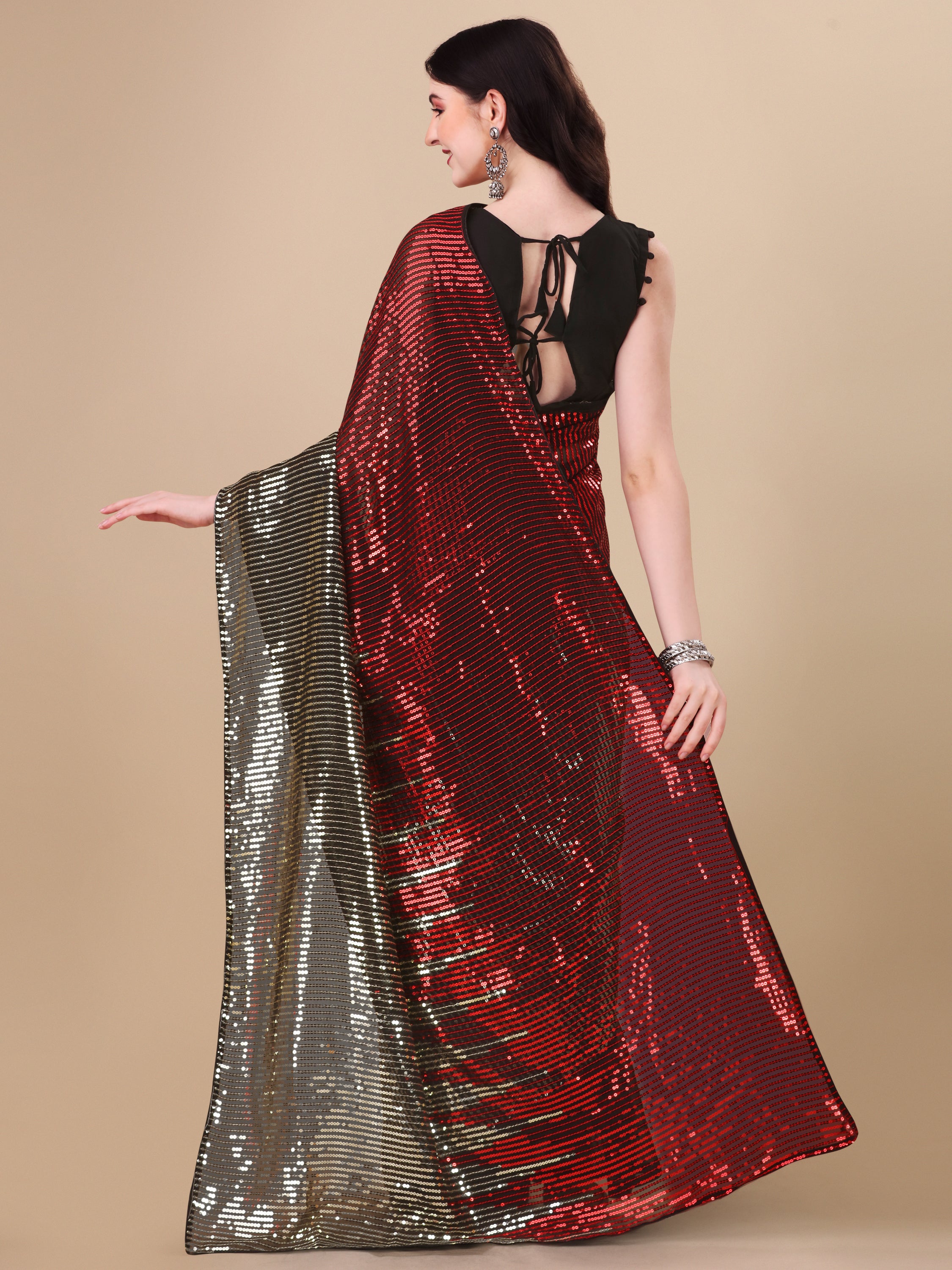 Women's Sequin Striped Paty Wear Contemporary Georgette Saree With Blouse Piece (Maroon) - NIMIDHYA