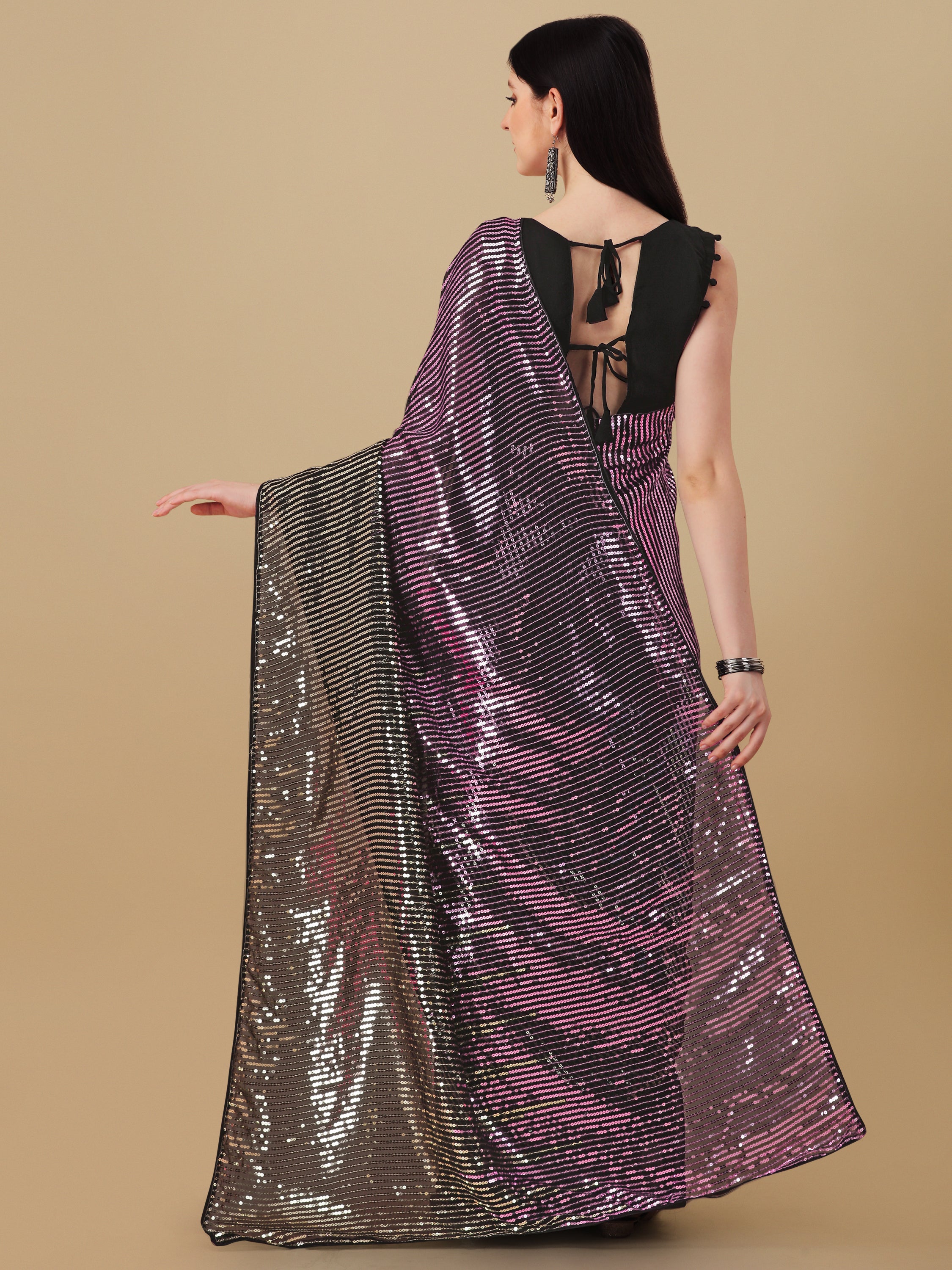 Women's Sequin Striped Paty Wear Contemporary Georgette Saree With Blouse Piece (Purple) - NIMIDHYA