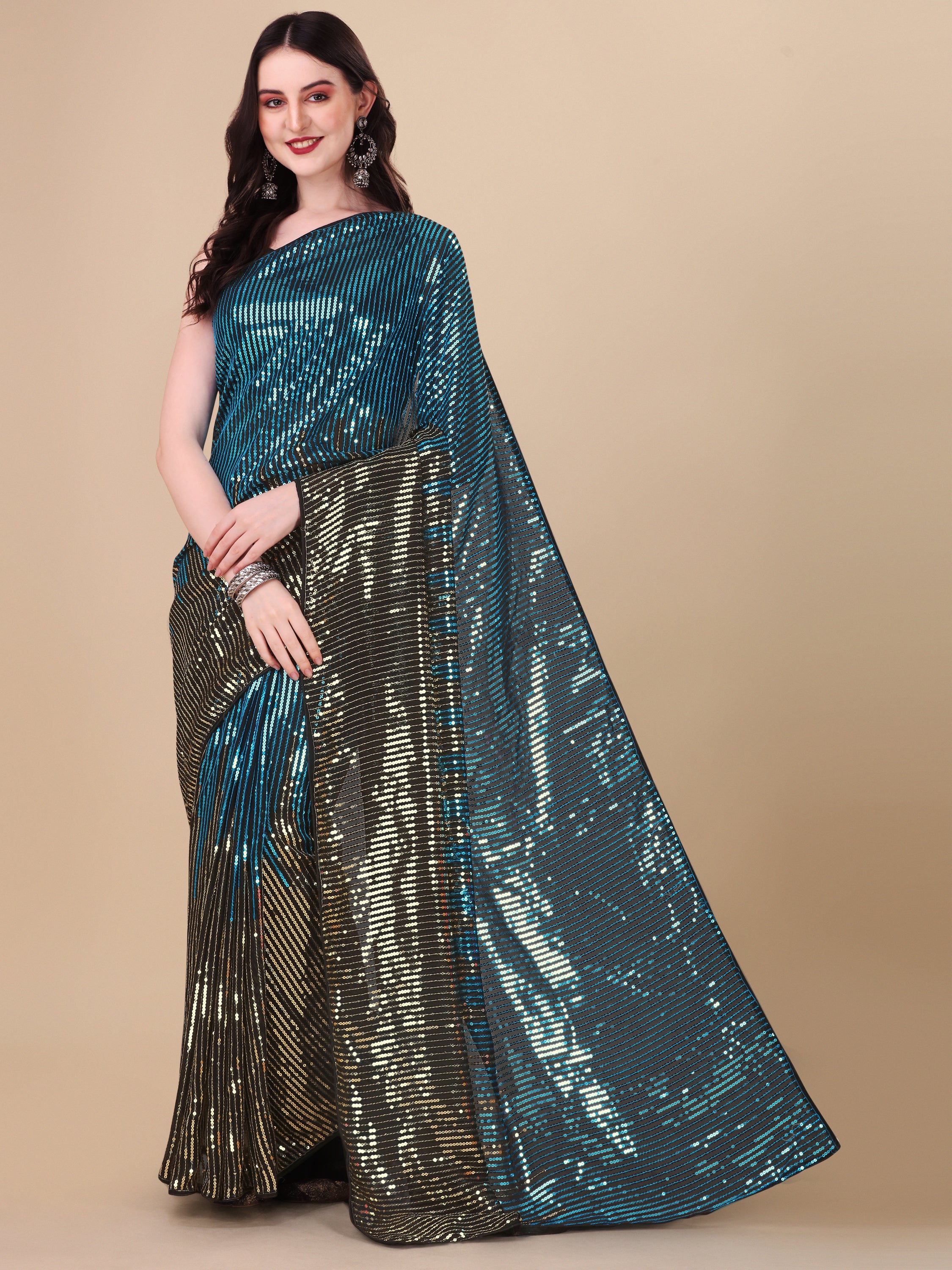Women's Sequin Striped Paty Wear Contemporary Georgette Saree With Blouse Piece (Rama) - NIMIDHYA