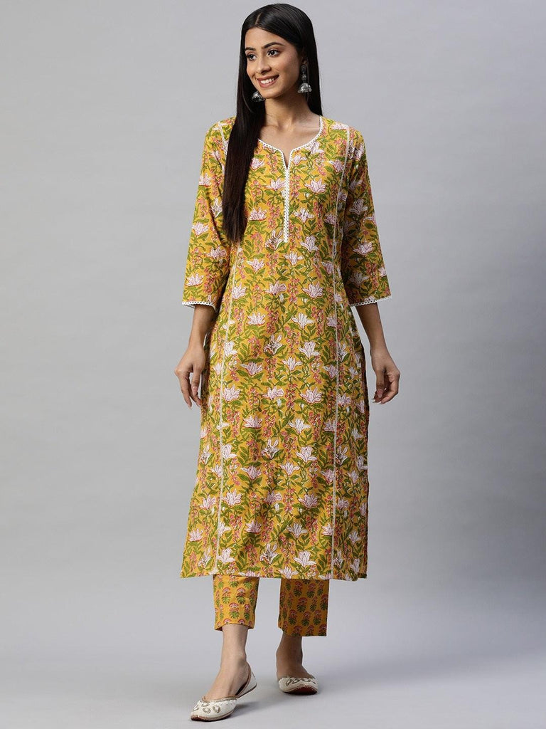 Women's Yellow Floral Printed Straight Kurta Pant Sets