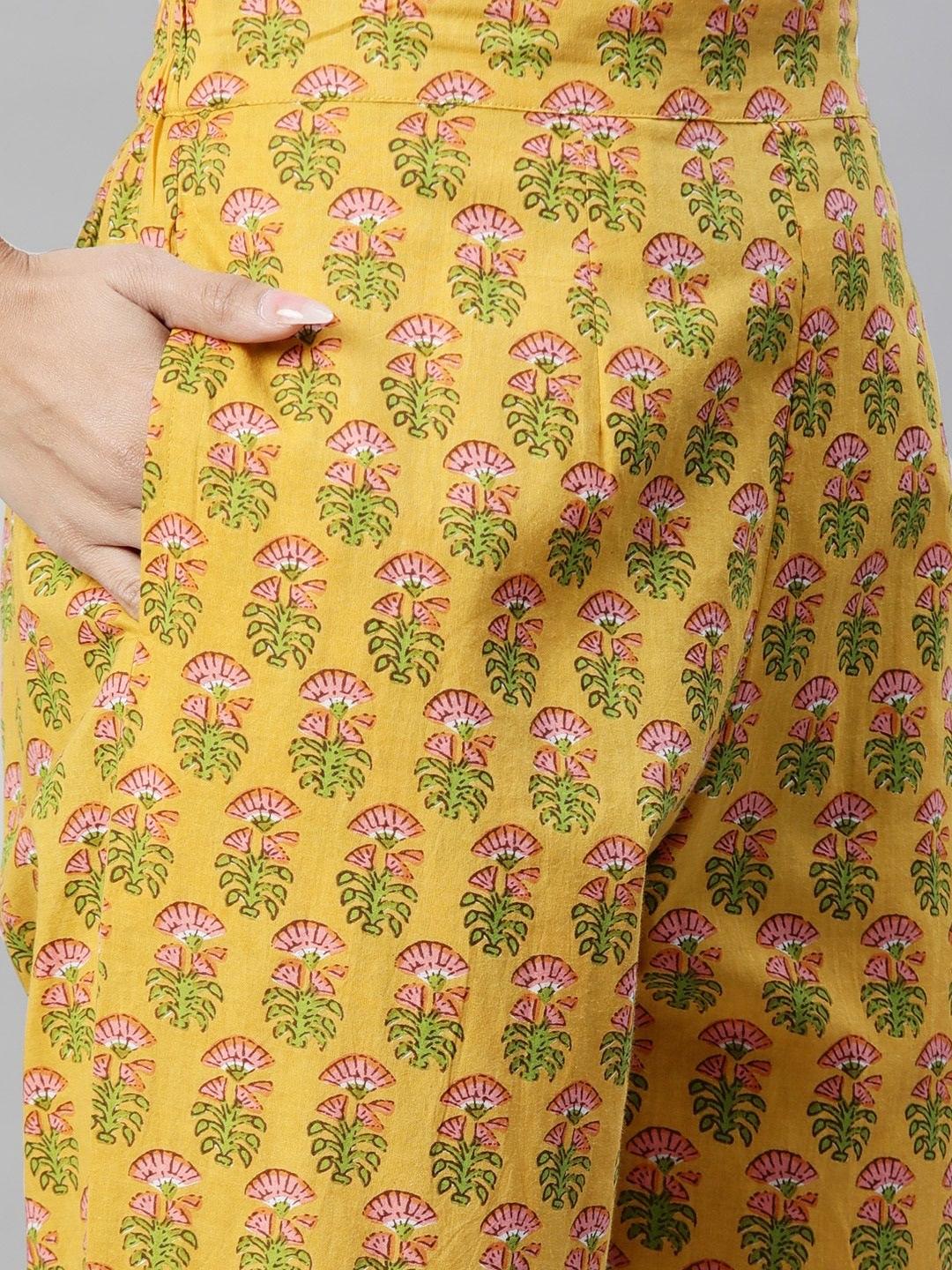 Women's Yellow Floral Printed Straight Kurta Pant Sets - Taantav