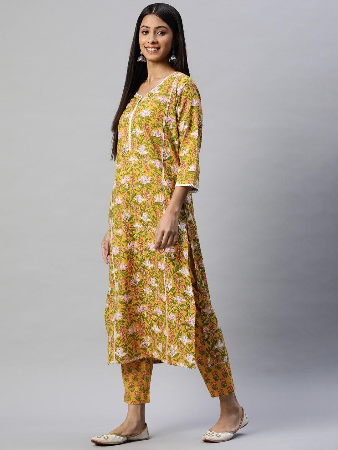 Women's Yellow Floral Printed Straight Kurta Pant Sets - Taantav