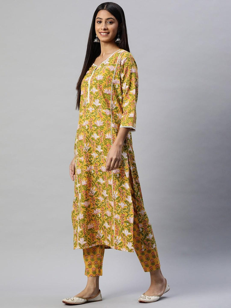 Women's Yellow Floral Printed Straight Kurta Pant Sets