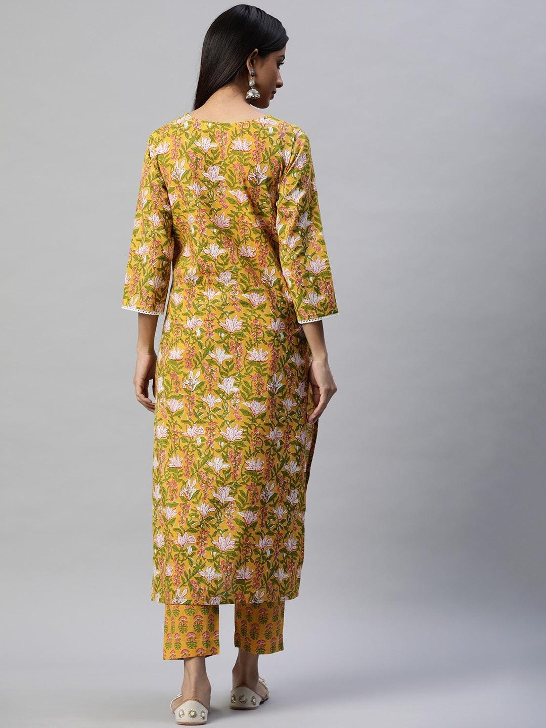 Women's Yellow Floral Printed Straight Kurta Pant Sets - Taantav