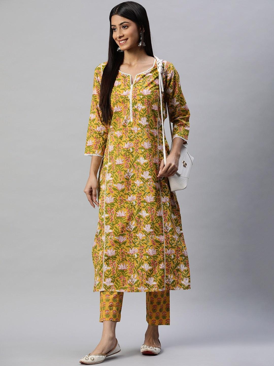 Women's Yellow Floral Printed Straight Kurta Pant Sets - Taantav