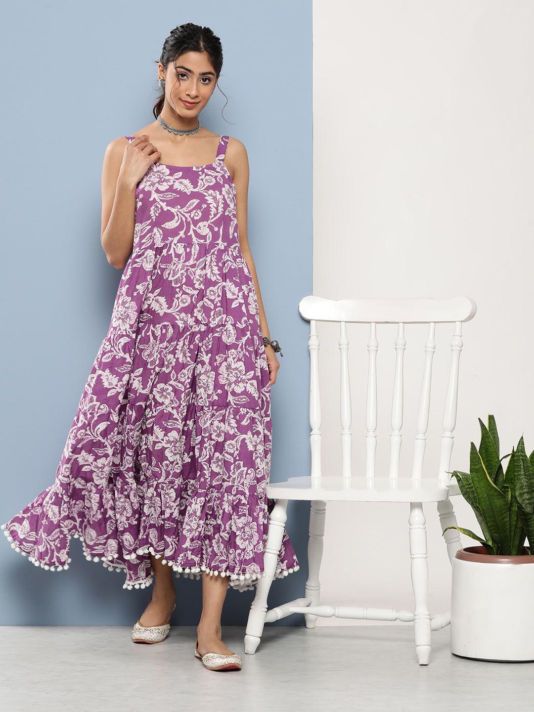 Women's Purple Floral Shoulder Strip Long Dress - Taantav