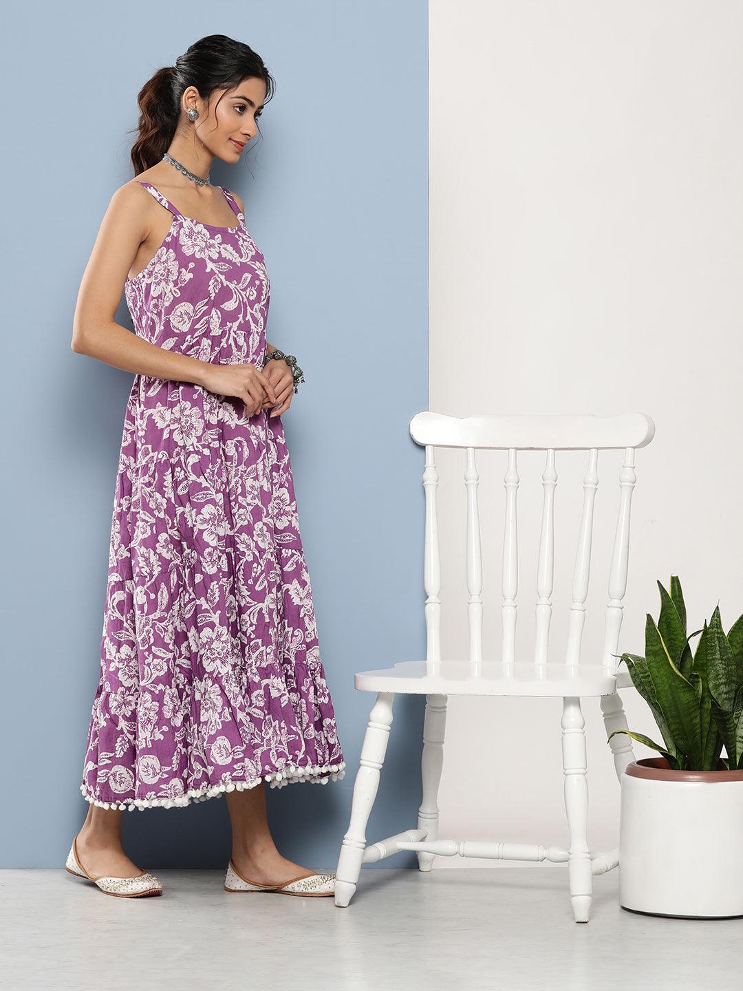 Women's Purple Floral Shoulder Strip Long Dress - Taantav