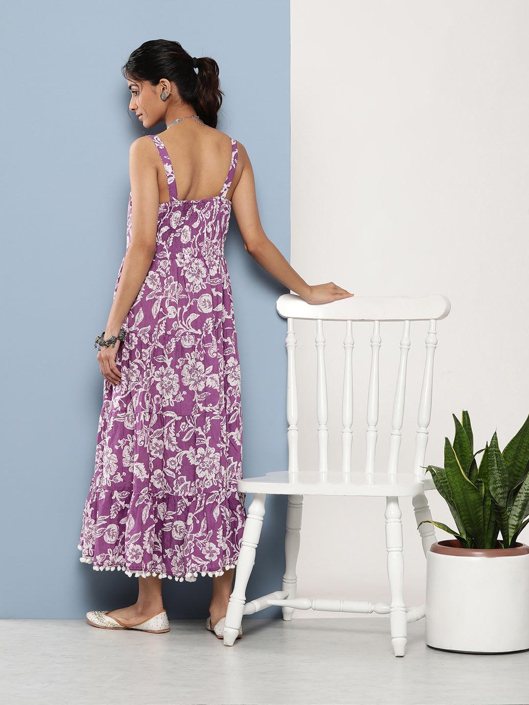 Women's Purple Floral Shoulder Strip Long Dress - Taantav