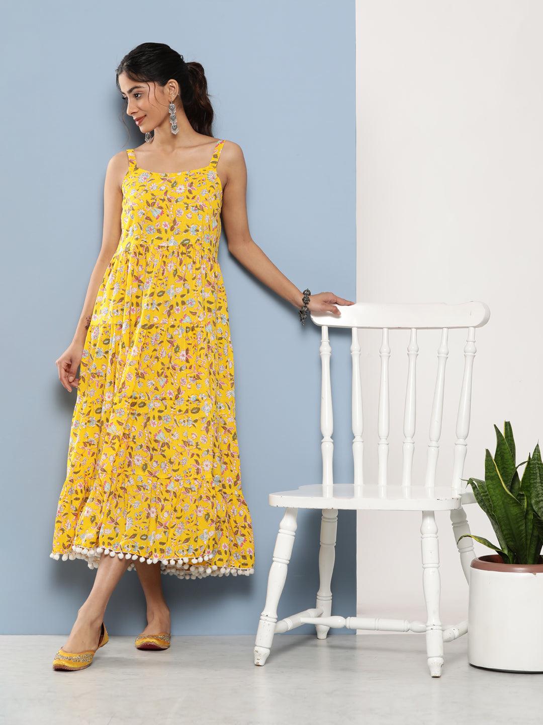 long yellow floral dress Women's Yellow Floral Shoulder Strip Long Dress Yellow / M