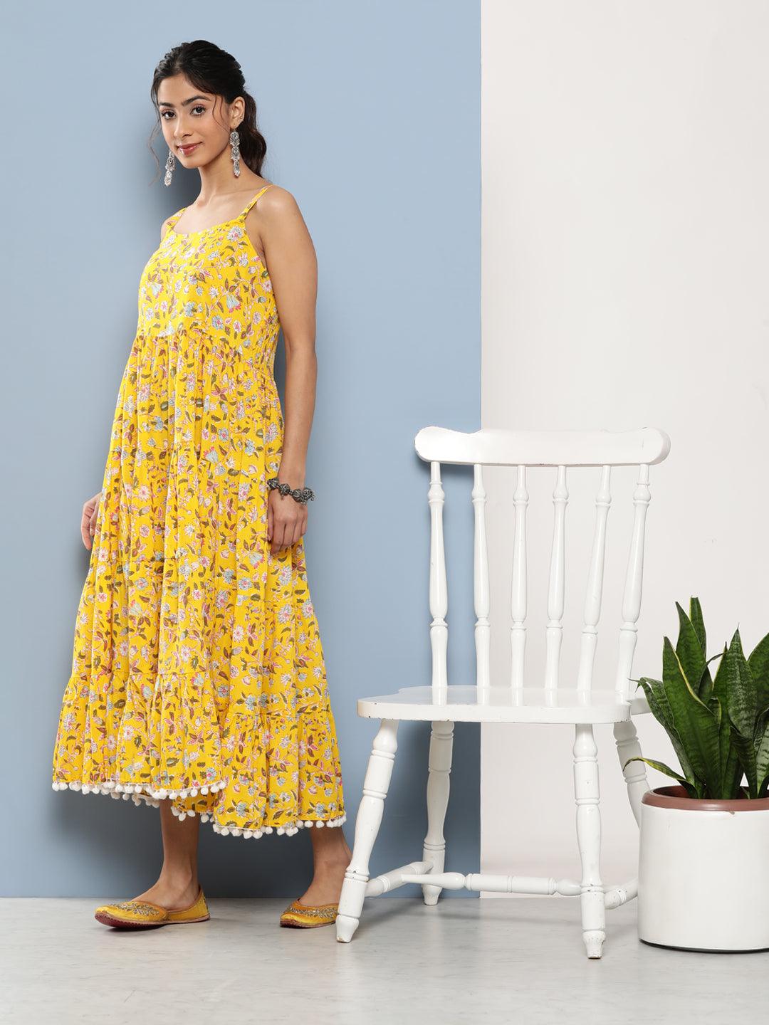 Women's Yellow Floral Shoulder Strip Long Dress - Taantav