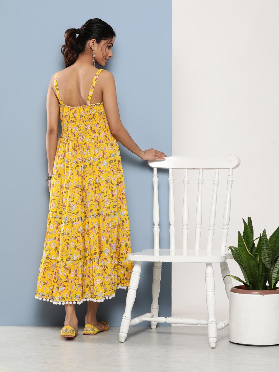 Women's Yellow Floral Shoulder Strip Long Dress - Taantav