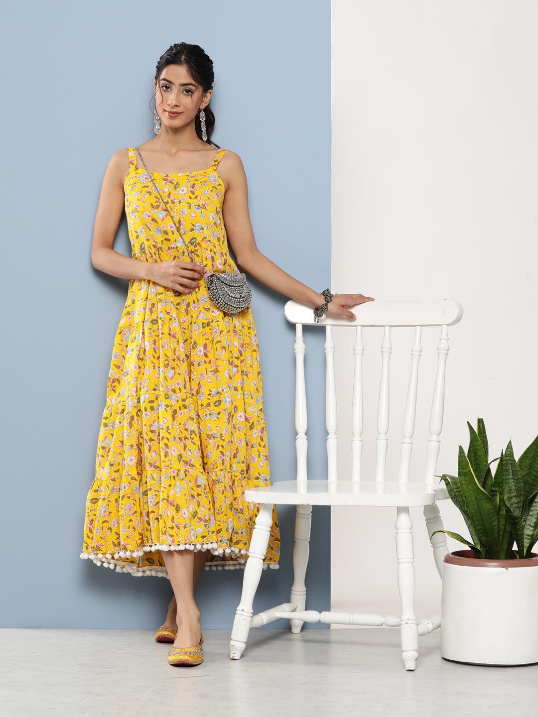 Women's Yellow Floral Shoulder Strip Long Dress - Taantav