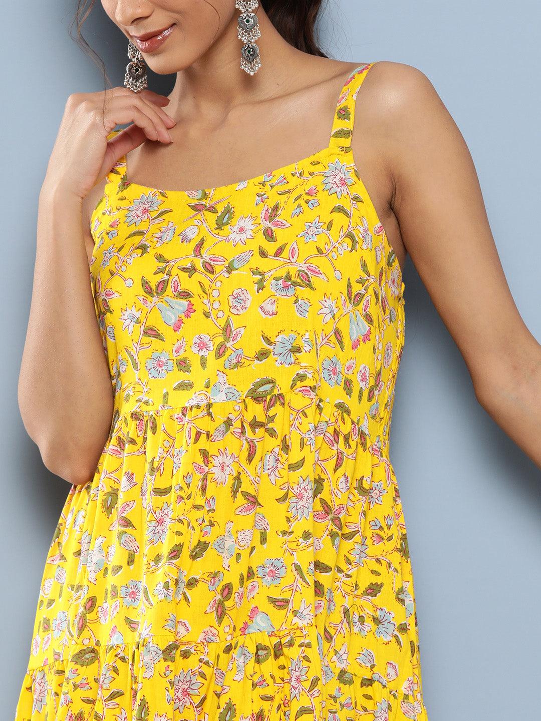 Women's Yellow Floral Shoulder Strip Long Dress - Taantav