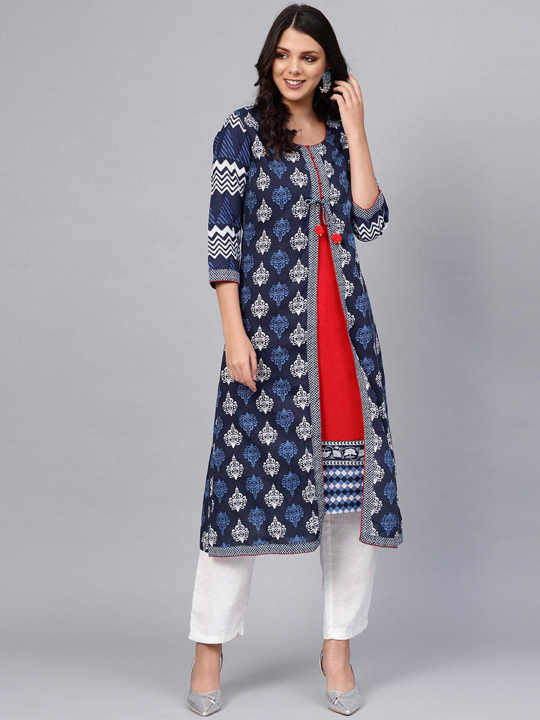 Women's Plus Size Blue Cotton & Rayon A Line Kurti