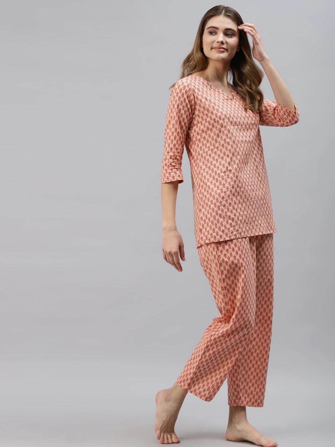 Women's Peach Floral Printed Night Suit - Taantav