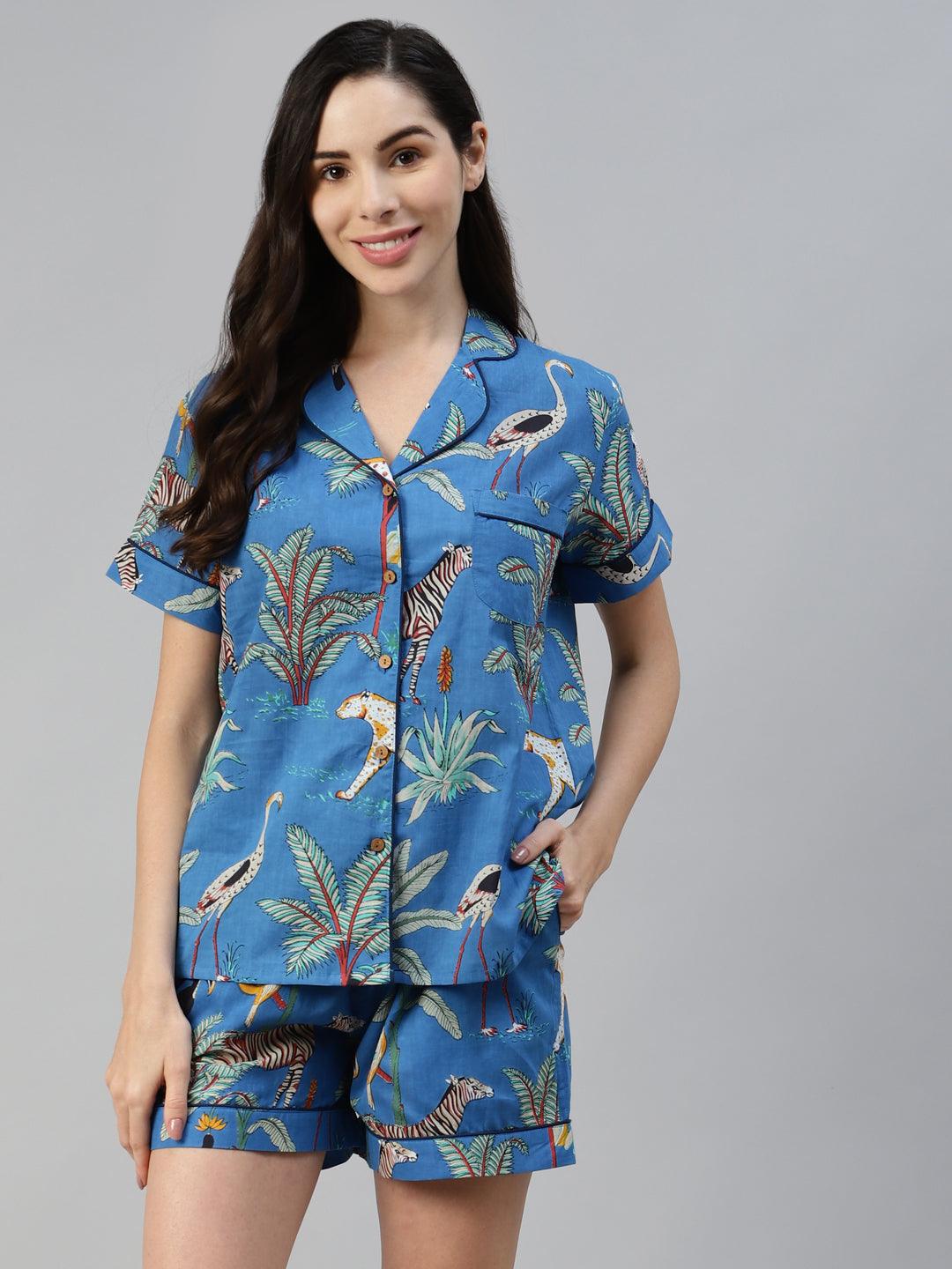 Women's Teal blue Cotton Quirky Print Night suit - Taantav