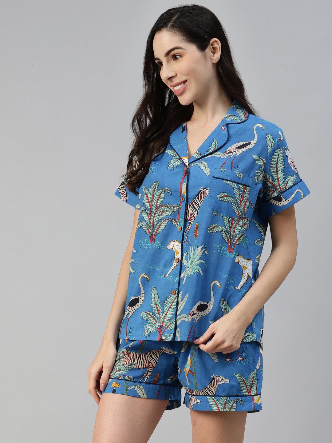 Women's Teal blue Cotton Quirky Print Night suit - Taantav