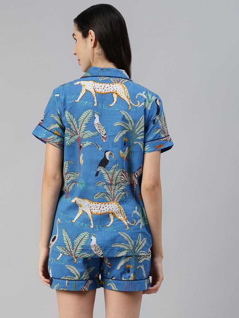 Women's Teal blue Cotton Quirky Print Night suit