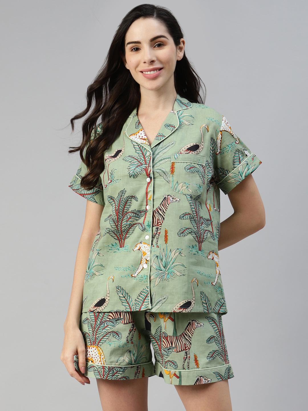 Women's Sea Green Cotton Animal Print Night Suit - Taantav