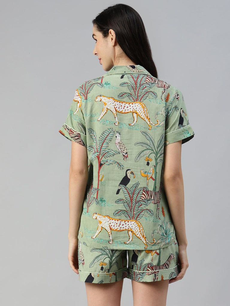 Women's Sea Green Cotton Animal Print Night Suit