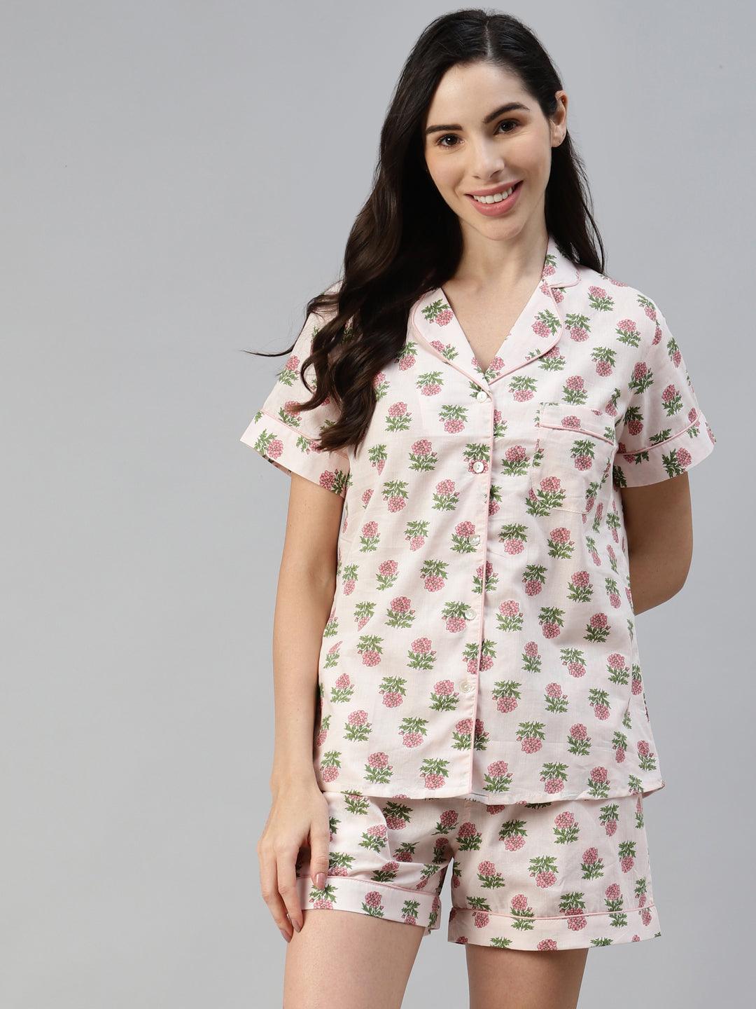 Women's Baby pink Cotton Floral Print Night Suit - Taantav