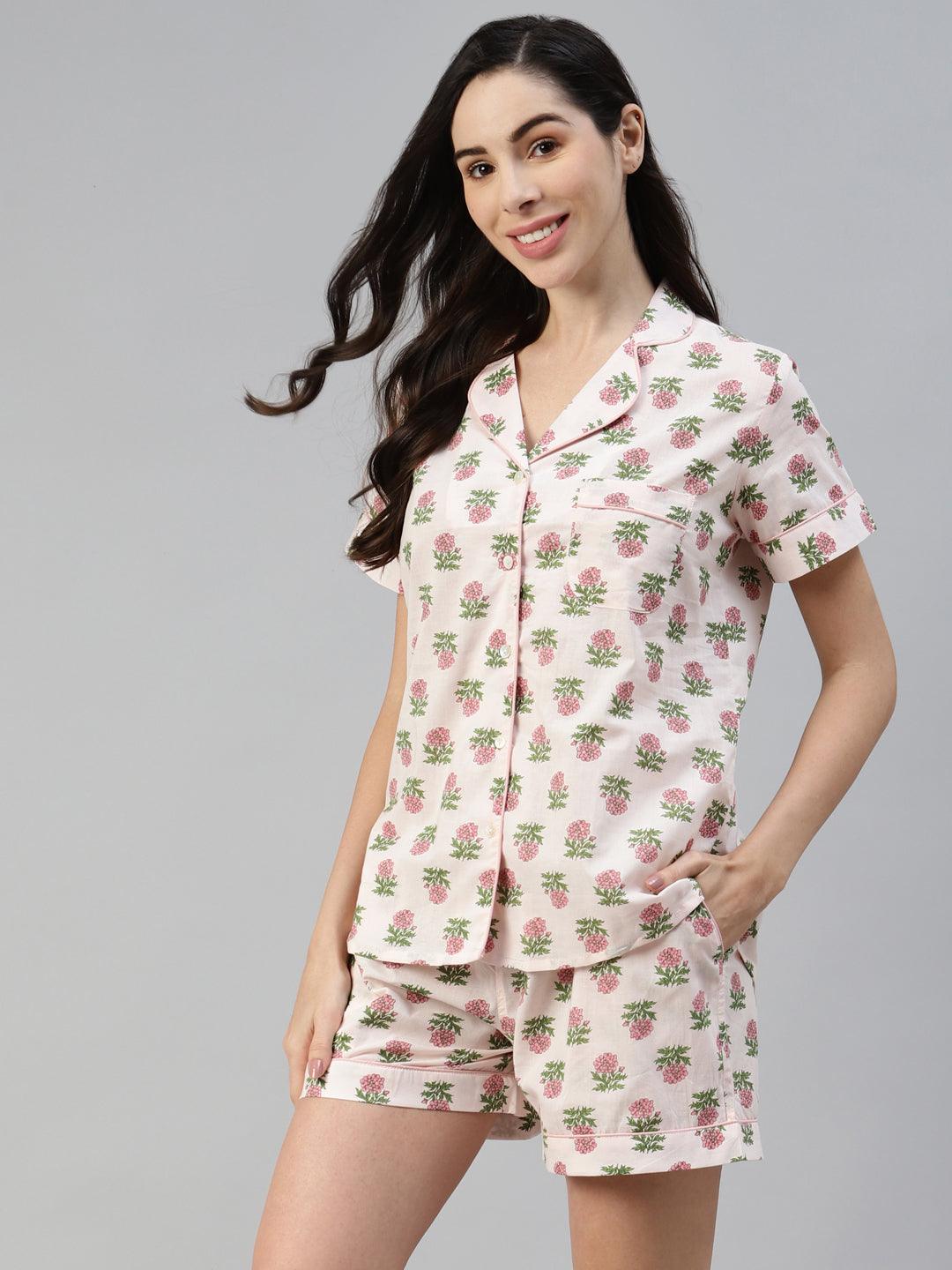 Women's Baby pink Cotton Floral Print Night Suit - Taantav