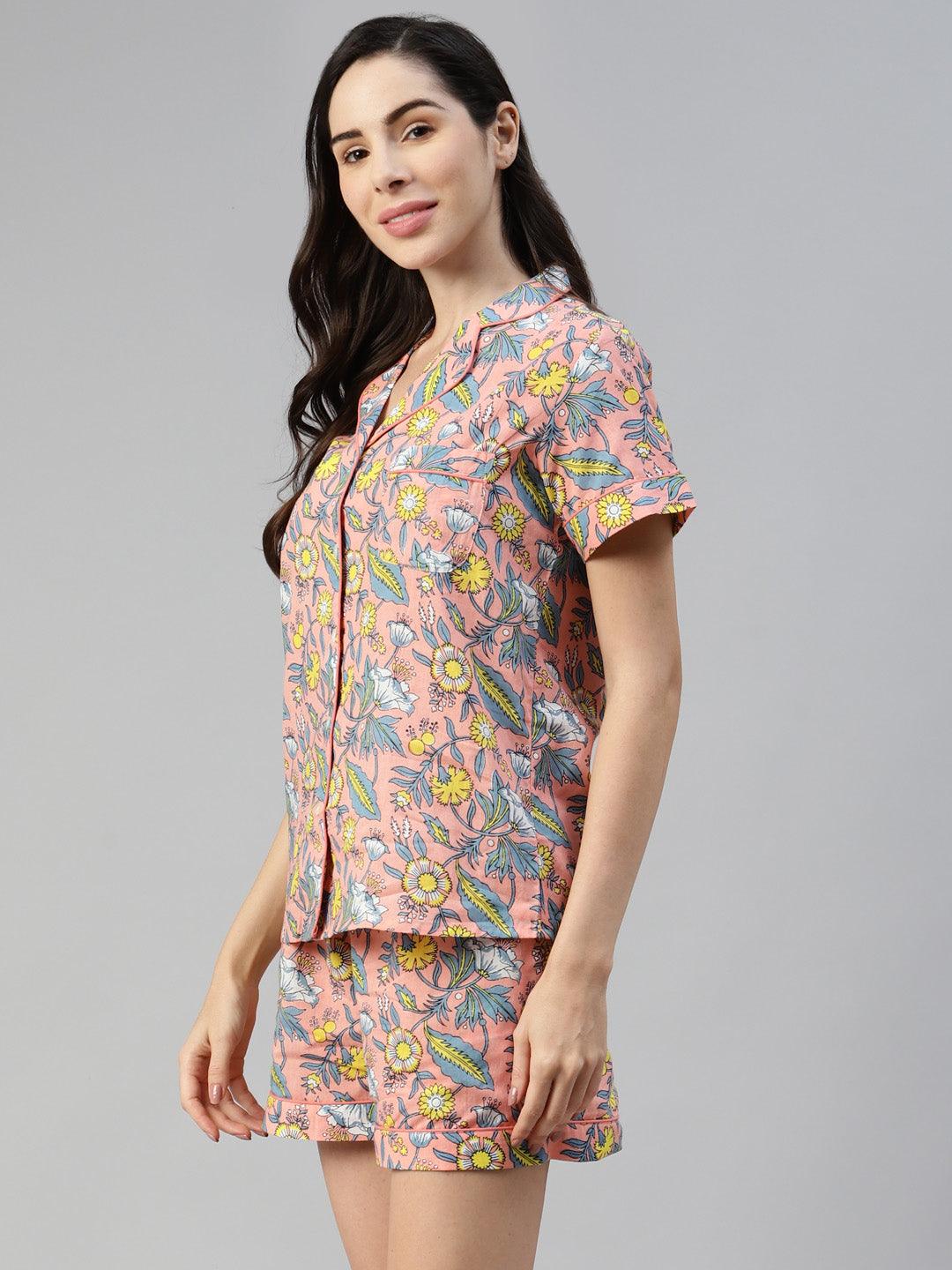 Women's Peach Cotton Floral Print Night Suit - Taantav