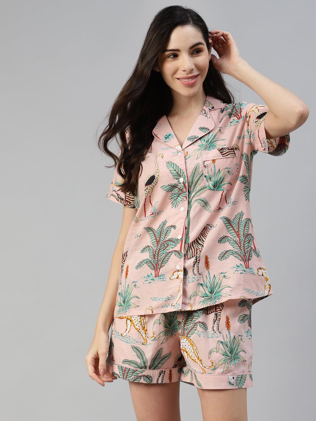 Women's Pink Cotton Floral Print Night Suit - Taantav