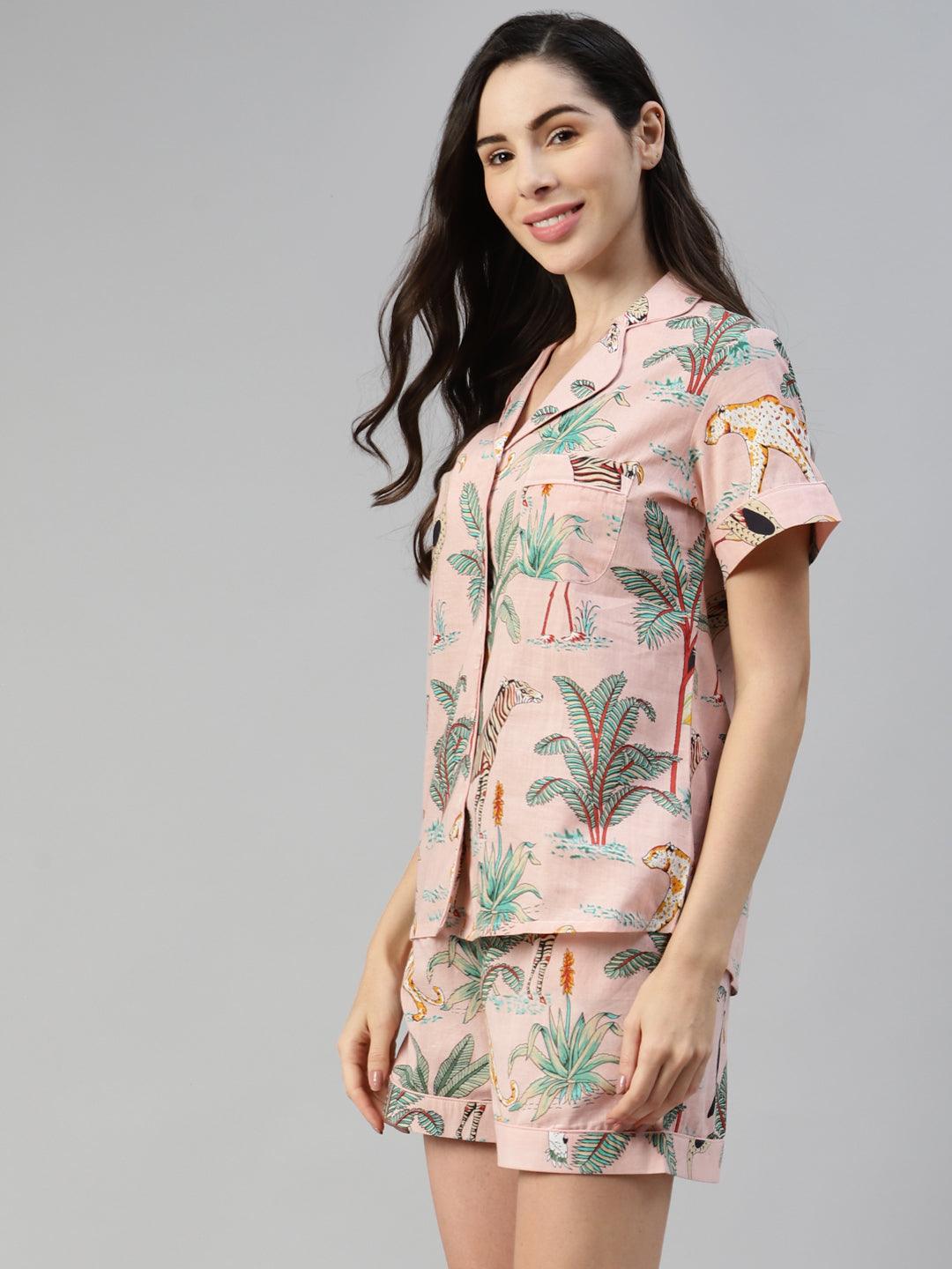 Women's Pink Cotton Floral Print Night Suit - Taantav