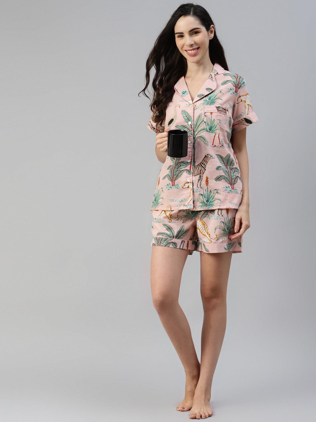 Women's Pink Cotton Floral Print Night Suit - Taantav