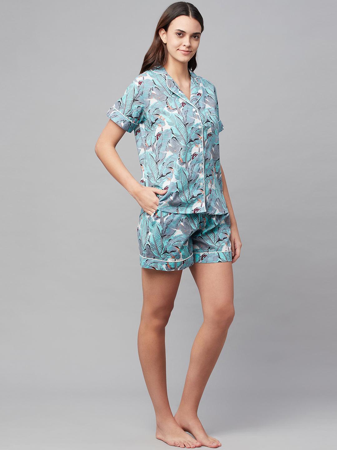 Women's Sea green Cotton Floral Print Night Suit - Taantav