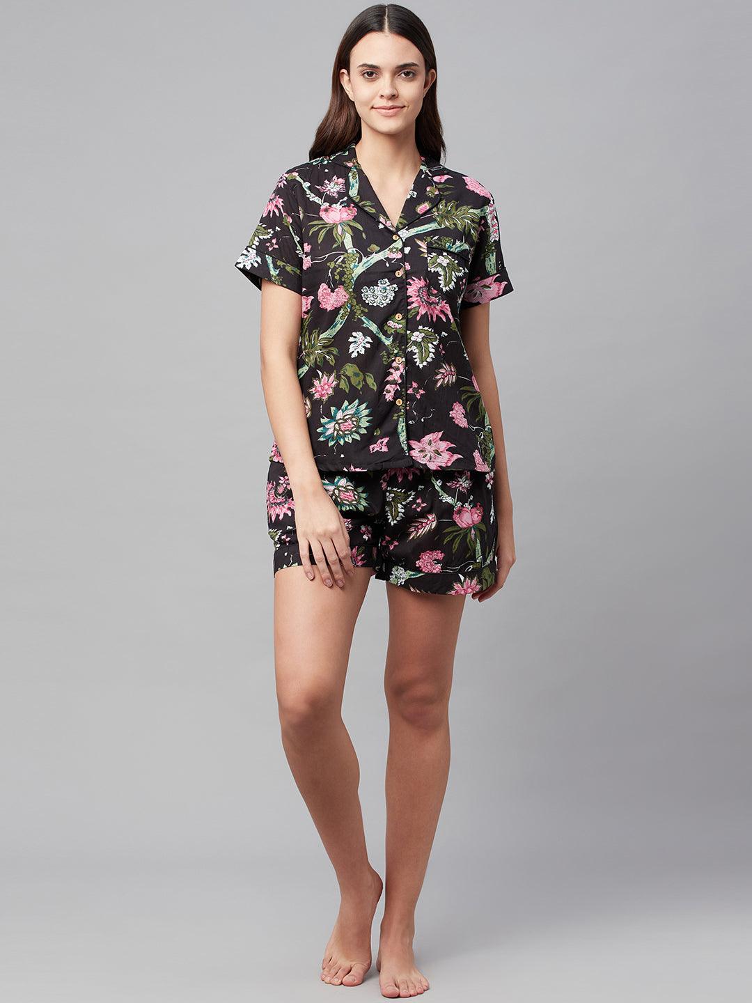 Women's Black Cotton Floral Print Night Suit - Taantav