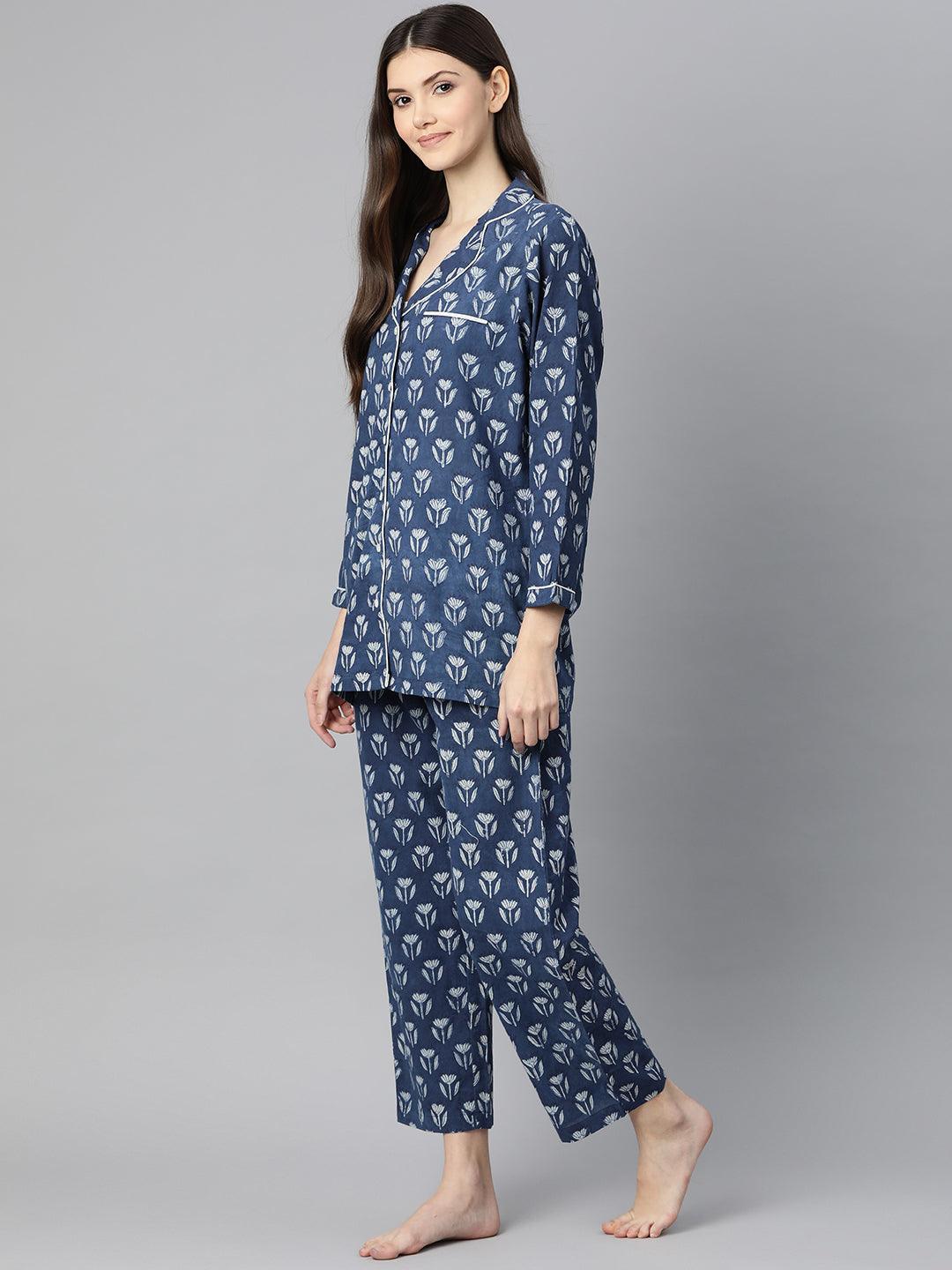 Women's Indigo Hand Block Pure Cotton Night Suit - Taantav