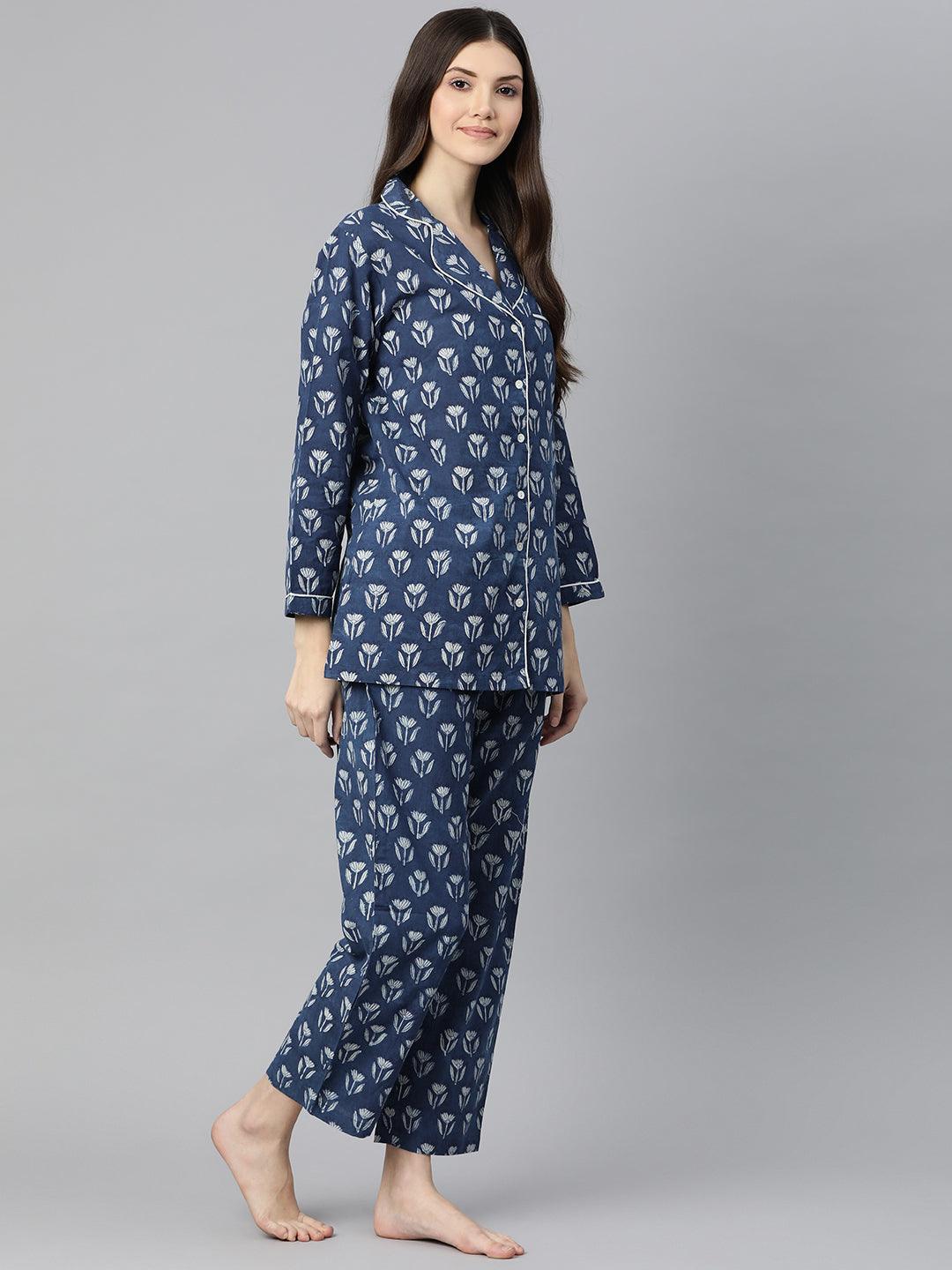 Women's Indigo Hand Block Pure Cotton Night Suit - Taantav