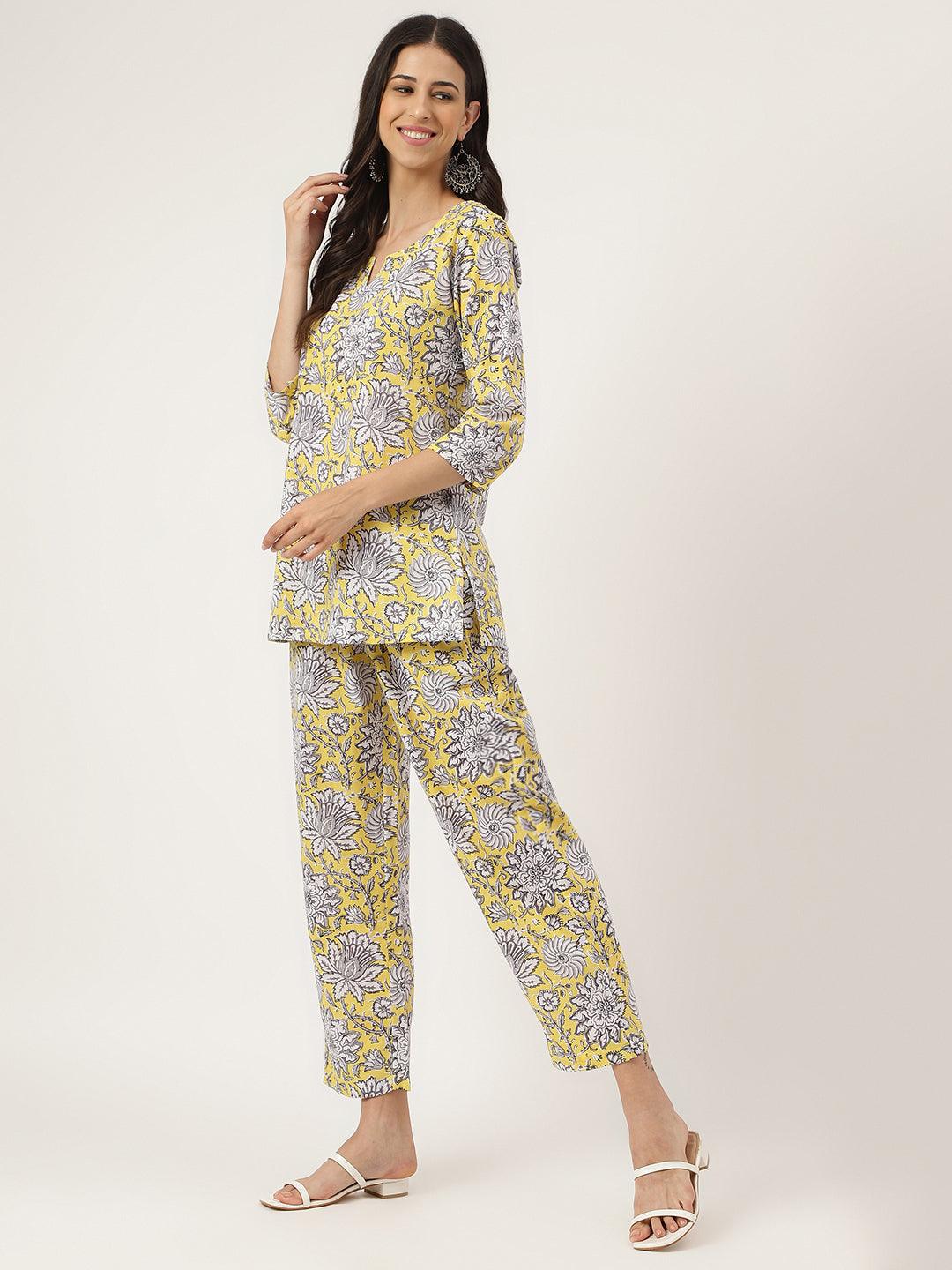 Women's Yellow Printed Loungewear/Nightwear - Taantav